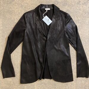 Suzy D London Jacket Womens Large Black Opal Faux Leather Blazer Stretch